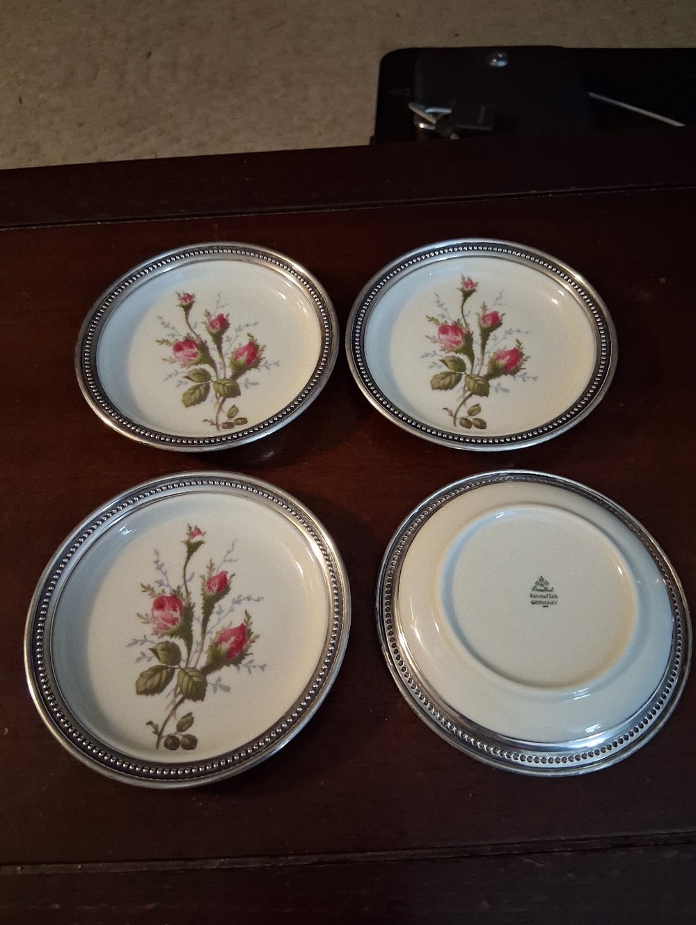 Vintage ROSENTHAL 4" CHINA COASTERS Set of 4 with Sterling Silver Edges
